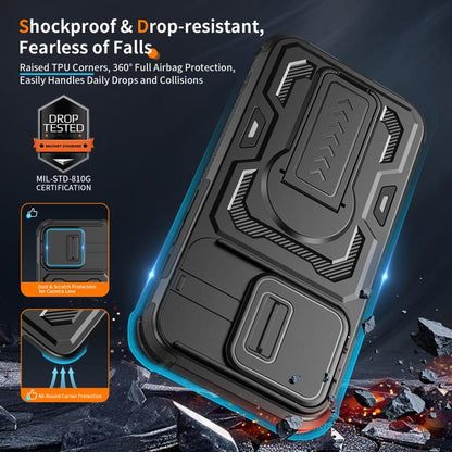 Slid Camera Shield Invisible Holder PC Hybrid TPU Phone Case, For iPhone 17e / 16e, For iPhone 17 Pro Max, For iPhone 17 Pro, For iPhone 17, For iPhone Air, For iPhone 16 Pro Max, For iPhone 16 Pro