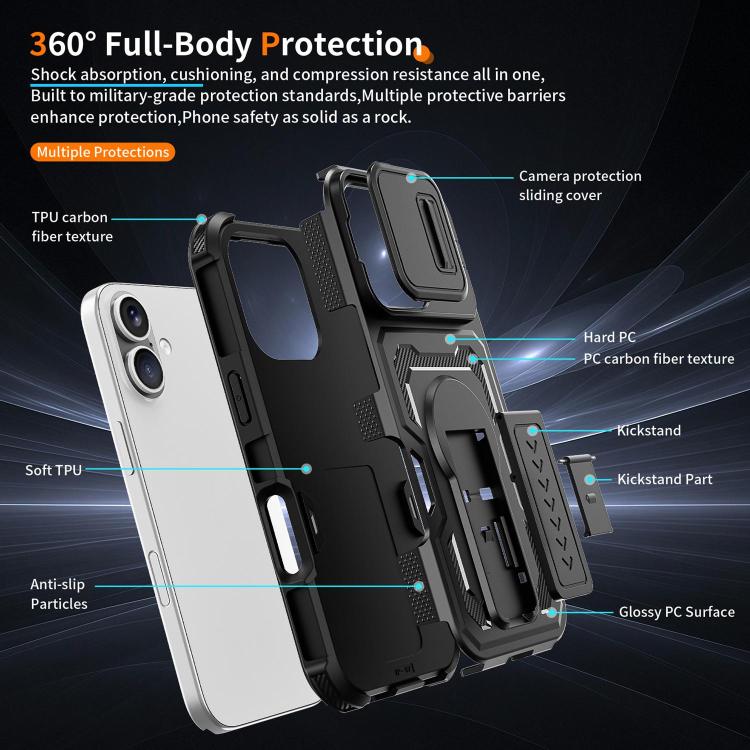 Slid Camera Shield Invisible Holder PC Hybrid TPU Phone Case, For iPhone 18, For iPhone 18 Pro, For iPhone 18 Pro Max, For iPhone 17e / 16e, For iPhone 17 Pro Max, For iPhone 17 Pro, For iPhone 17, For iPhone Air, For iPhone 16 Pro Max, For iPhone 16 Pro