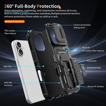 Slid Camera Shield Invisible Holder PC Hybrid TPU Phone Case, For iPhone 18, For iPhone 18 Pro, For iPhone 18 Pro Max, For iPhone 17e / 16e, For iPhone 17 Pro Max, For iPhone 17 Pro, For iPhone 17, For iPhone Air, For iPhone 16 Pro Max, For iPhone 16 Pro