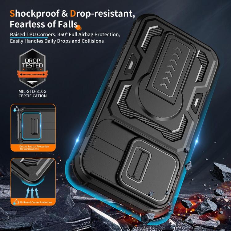 Slid Camera Shield Invisible Holder PC Hybrid TPU Phone Case, For iPhone 18, For iPhone 18 Pro, For iPhone 18 Pro Max, For iPhone 17e / 16e, For iPhone 17 Pro Max, For iPhone 17 Pro, For iPhone 17, For iPhone Air, For iPhone 16 Pro Max, For iPhone 16 Pro