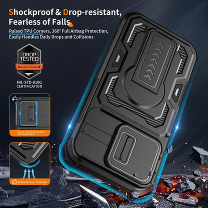 Slid Camera Shield Invisible Holder PC Hybrid TPU Phone Case, For iPhone 18, For iPhone 18 Pro, For iPhone 18 Pro Max, For iPhone 17e / 16e, For iPhone 17 Pro Max, For iPhone 17 Pro, For iPhone 17, For iPhone Air, For iPhone 16 Pro Max, For iPhone 16 Pro