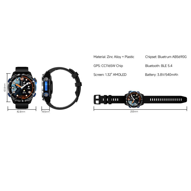 HD350 Pro 1.32 inch AMOLED GPS Sport Smart Watch, Support Bluetooth Call / Sleep / Blood Oxygen / Heart Rate / Long Sitting Health Monitor