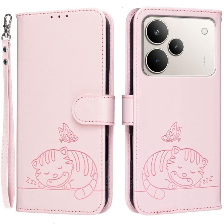 Cat Butterfly Embossed RFID Vegan Leather Phone Case with Strap, For Realme P4 Power 5G, For Realme Note 80 4G, For Realme C83 5G, For Realme Neo8 5G, For Realme 16 5G, For Realme 16 Pro+ 5G, For Realme 16 Pro 5G, For Realme GT8 Pro Global             ...