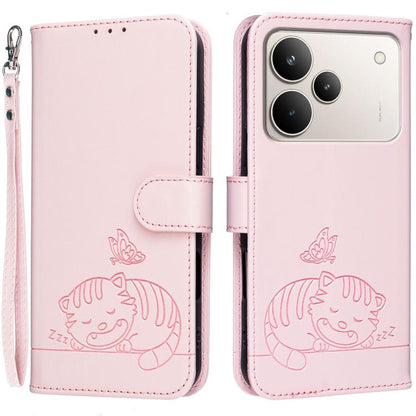 Cat Butterfly Embossed RFID Vegan Leather Phone Case with Strap, For Realme P4 Power 5G, For Realme Note 80 4G, For Realme C83 5G, For Realme Neo8 5G, For Realme 16 5G, For Realme 16 Pro+ 5G, For Realme 16 Pro 5G, For Realme GT8 Pro Global             ...
