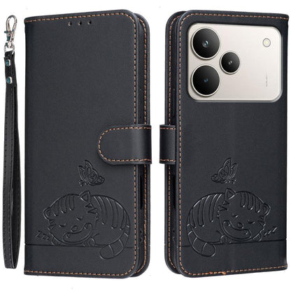 Cat Butterfly Embossed RFID Vegan Leather Phone Case with Strap, For Realme P4 Power 5G, For Realme Note 80 4G, For Realme C83 5G, For Realme Neo8 5G, For Realme 16 5G, For Realme 16 Pro+ 5G, For Realme 16 Pro 5G, For Realme GT8 Pro Global             ...