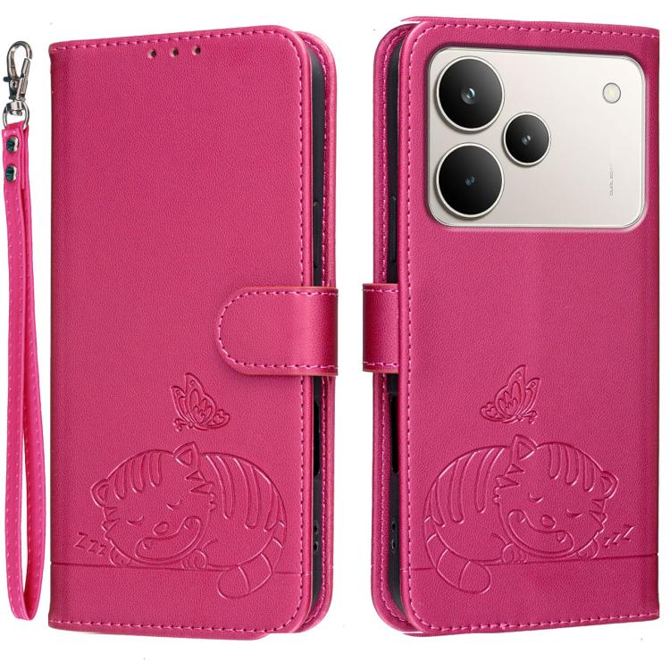 Cat Butterfly Embossed RFID Vegan Leather Phone Case with Strap, For Realme P4 Power 5G, For Realme Note 80 4G, For Realme C83 5G, For Realme Neo8 5G, For Realme 16 5G, For Realme 16 Pro+ 5G, For Realme 16 Pro 5G, For Realme GT8 Pro Global             ...