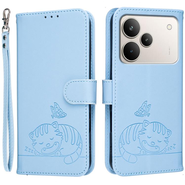 Cat Butterfly Embossed RFID Vegan Leather Phone Case with Strap, For Realme P4 Power 5G, For Realme Note 80 4G, For Realme C83 5G, For Realme Neo8 5G, For Realme 16 5G, For Realme 16 Pro+ 5G, For Realme 16 Pro 5G, For Realme GT8 Pro Global             ...