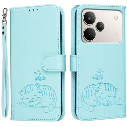 Cat Butterfly Embossed RFID Vegan Leather Phone Case with Strap, For Realme P4 Power 5G, For Realme Note 80 4G, For Realme C83 5G, For Realme Neo8 5G, For Realme 16 5G, For Realme 16 Pro+ 5G, For Realme 16 Pro 5G, For Realme GT8 Pro Global             ...