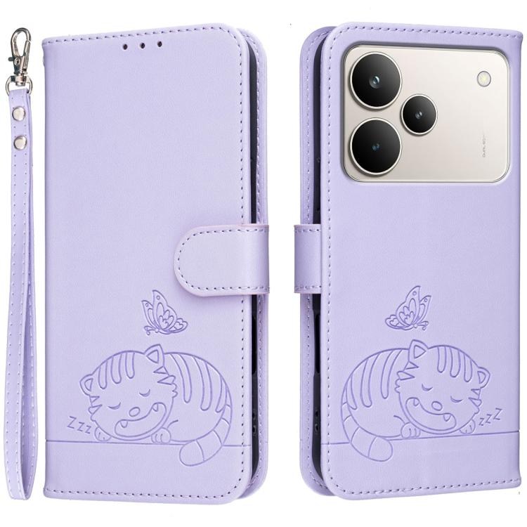 Cat Butterfly Embossed RFID Vegan Leather Phone Case with Strap, For Realme P4 Power 5G, For Realme Note 80 4G, For Realme C83 5G, For Realme Neo8 5G, For Realme 16 5G, For Realme 16 Pro+ 5G, For Realme 16 Pro 5G, For Realme GT8 Pro Global             ...