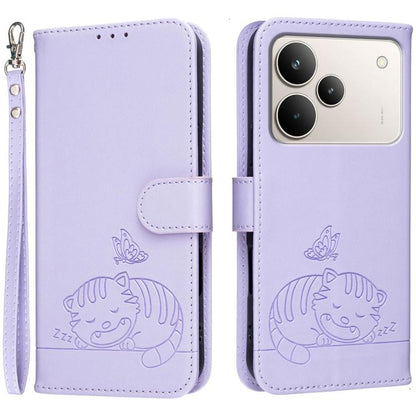 Cat Butterfly Embossed RFID Vegan Leather Phone Case with Strap, For Realme P4 Power 5G, For Realme Note 80 4G, For Realme C83 5G, For Realme Neo8 5G, For Realme 16 5G, For Realme 16 Pro+ 5G, For Realme 16 Pro 5G, For Realme GT8 Pro Global             ...