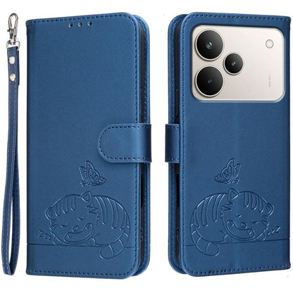 Cat Butterfly Embossed RFID Vegan Leather Phone Case with Strap, For Realme P4 Power 5G, For Realme Note 80 4G, For Realme C83 5G, For Realme Neo8 5G, For Realme 16 5G, For Realme 16 Pro+ 5G, For Realme 16 Pro 5G, For Realme GT8 Pro Global             ...
