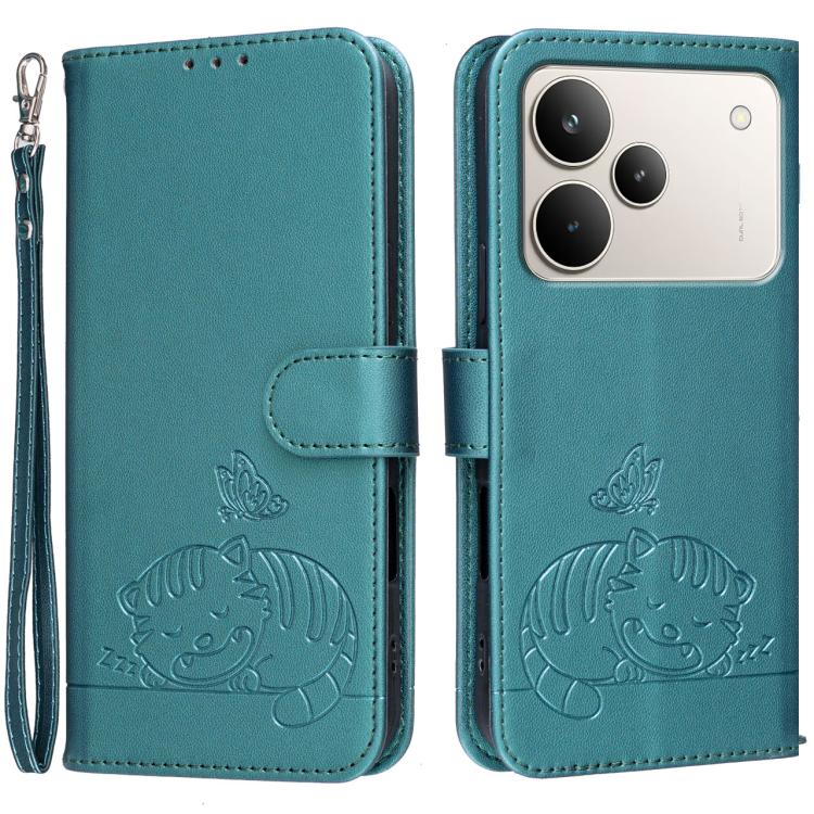 Cat Butterfly Embossed RFID Vegan Leather Phone Case with Strap, For Realme P4 Power 5G, For Realme Note 80 4G, For Realme C83 5G, For Realme Neo8 5G, For Realme 16 5G, For Realme 16 Pro+ 5G, For Realme 16 Pro 5G, For Realme GT8 Pro Global             ...