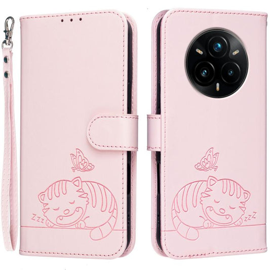 Cat Butterfly Embossed RFID Vegan Leather Phone Case with Strap, For Realme 14 Pro+, For Realme 14 Pro, For Realme C75 4G, For Realme GT7 Pro, For Realme C63 5G, For Realme 13+, For Realme 13 Pro, For Realme 12 4G, For Realme C63, For Realme GT Neo6
