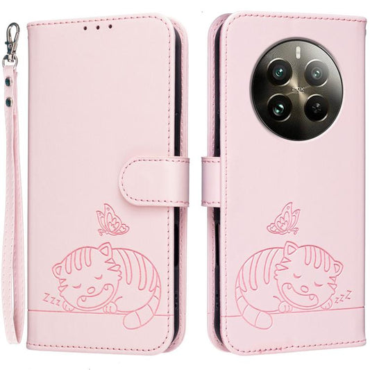 Cat Butterfly Embossed RFID Vegan Leather Phone Case with Strap, For Realme 12 Pro, For Realme C67 4G, For Realme 11 4G, For Realme GT5, For Realme 11 5G, For Realme C53, For Realme 11 Pro, For Realme C65, For Realme C55, For Realme GT3, For Realme GT 5G