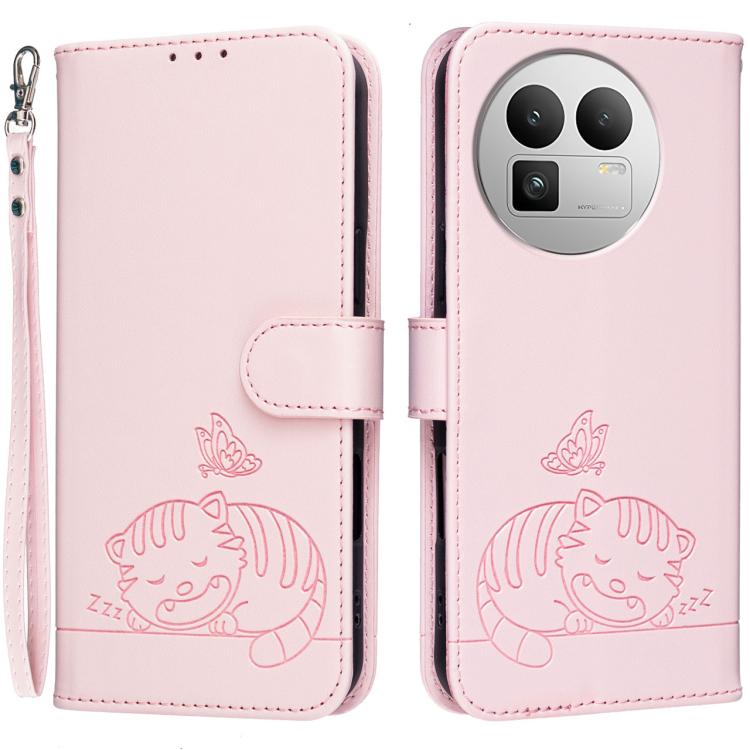 Cat Butterfly Embossed RFID Vegan Leather Phone Case with Strap, For Realme P4 Power 5G, For Realme Note 80 4G, For Realme C83 5G, For Realme Neo8 5G, For Realme 16 5G, For Realme 16 Pro+ 5G, For Realme 16 Pro 5G, For Realme GT8 Pro Global             ...