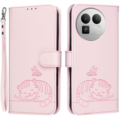 Cat Butterfly Embossed RFID Vegan Leather Phone Case with Strap, For Realme P4 Power 5G, For Realme Note 80 4G, For Realme C83 5G, For Realme Neo8 5G, For Realme 16 5G, For Realme 16 Pro+ 5G, For Realme 16 Pro 5G, For Realme GT8 Pro Global             ...