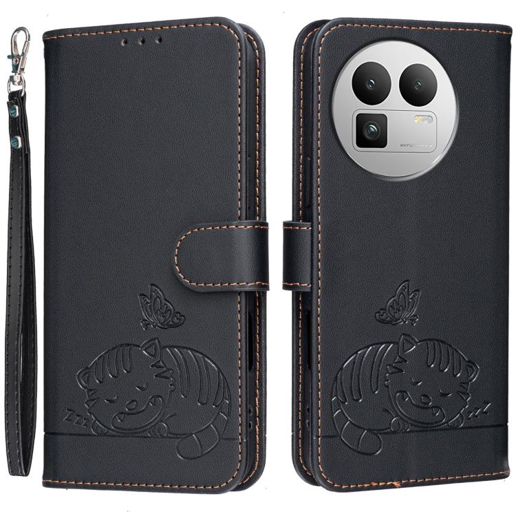 Cat Butterfly Embossed RFID Vegan Leather Phone Case with Strap, For Realme P4 Power 5G, For Realme Note 80 4G, For Realme C83 5G, For Realme Neo8 5G, For Realme 16 5G, For Realme 16 Pro+ 5G, For Realme 16 Pro 5G, For Realme GT8 Pro Global             ...