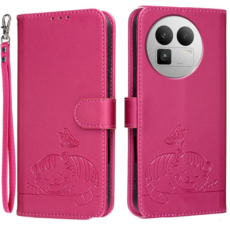Cat Butterfly Embossed RFID Vegan Leather Phone Case with Strap, For Realme P4 Power 5G, For Realme Note 80 4G, For Realme C83 5G, For Realme Neo8 5G, For Realme 16 5G, For Realme 16 Pro+ 5G, For Realme 16 Pro 5G, For Realme GT8 Pro Global             ...