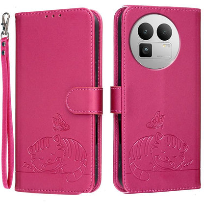 Cat Butterfly Embossed RFID Vegan Leather Phone Case with Strap, For Realme P4 Power 5G, For Realme Note 80 4G, For Realme C83 5G, For Realme Neo8 5G, For Realme 16 5G, For Realme 16 Pro+ 5G, For Realme 16 Pro 5G, For Realme GT8 Pro Global             ...
