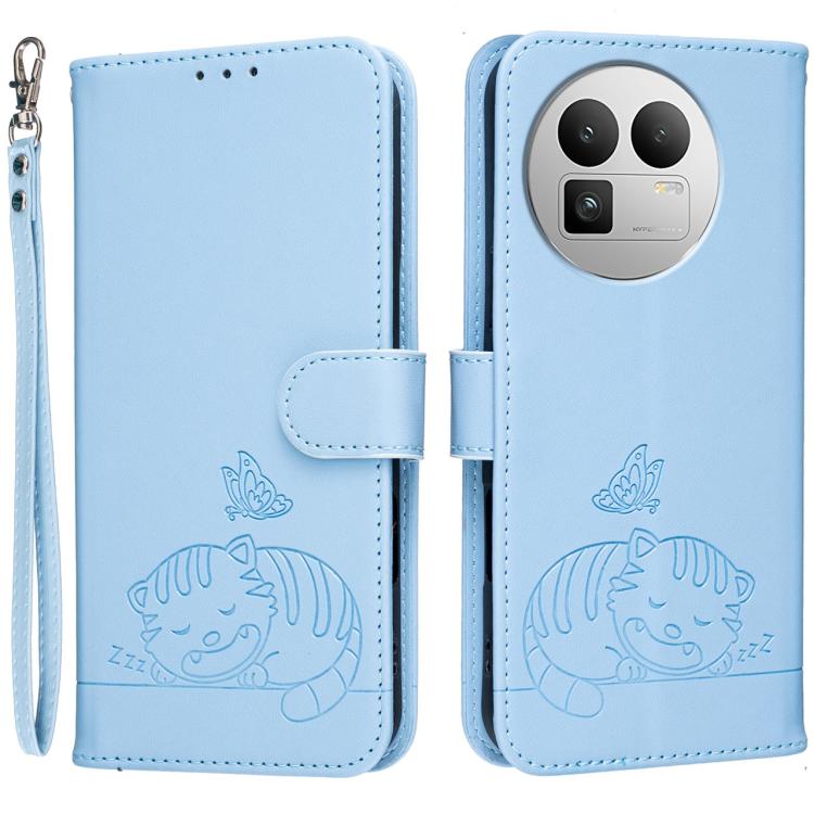 Cat Butterfly Embossed RFID Vegan Leather Phone Case with Strap, For Realme P4 Power 5G, For Realme Note 80 4G, For Realme C83 5G, For Realme Neo8 5G, For Realme 16 5G, For Realme 16 Pro+ 5G, For Realme 16 Pro 5G, For Realme GT8 Pro Global             ...