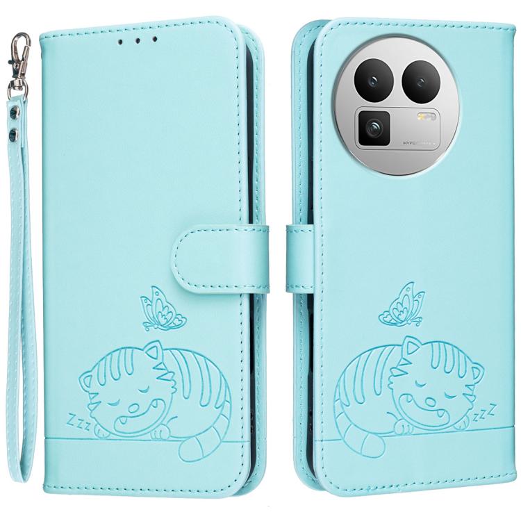 Cat Butterfly Embossed RFID Vegan Leather Phone Case with Strap, For Realme P4 Power 5G, For Realme Note 80 4G, For Realme C83 5G, For Realme Neo8 5G, For Realme 16 5G, For Realme 16 Pro+ 5G, For Realme 16 Pro 5G, For Realme GT8 Pro Global             ...