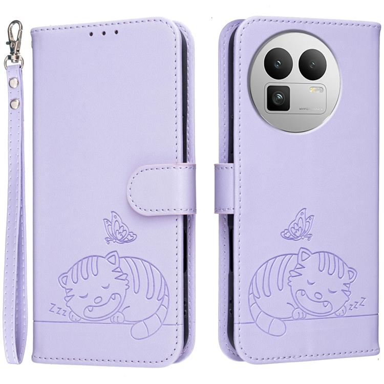 Cat Butterfly Embossed RFID Vegan Leather Phone Case with Strap, For Realme P4 Power 5G, For Realme Note 80 4G, For Realme C83 5G, For Realme Neo8 5G, For Realme 16 5G, For Realme 16 Pro+ 5G, For Realme 16 Pro 5G, For Realme GT8 Pro Global             ...