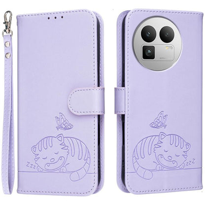 Cat Butterfly Embossed RFID Vegan Leather Phone Case with Strap, For Realme P4 Power 5G, For Realme Note 80 4G, For Realme C83 5G, For Realme Neo8 5G, For Realme 16 5G, For Realme 16 Pro+ 5G, For Realme 16 Pro 5G, For Realme GT8 Pro Global             ...