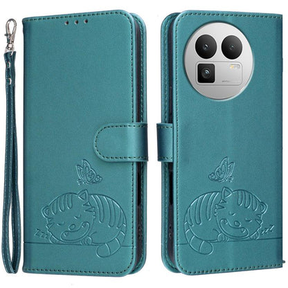 Cat Butterfly Embossed RFID Vegan Leather Phone Case with Strap, For Realme P4 Power 5G, For Realme Note 80 4G, For Realme C83 5G, For Realme Neo8 5G, For Realme 16 5G, For Realme 16 Pro+ 5G, For Realme 16 Pro 5G, For Realme GT8 Pro Global             ...