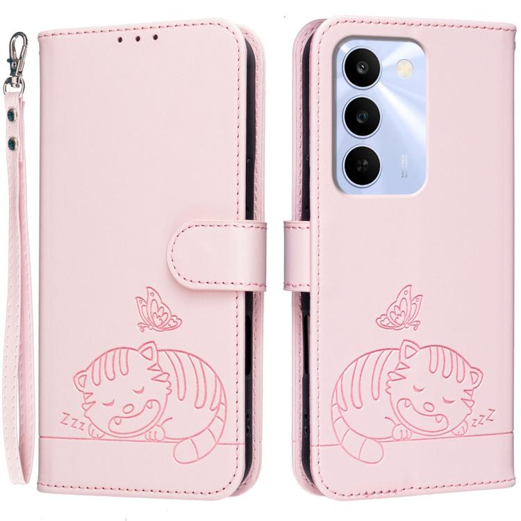 Cat Butterfly Embossed RFID Vegan Leather Phone Case with Strap, For Realme P4 Power 5G, For Realme Note 80 4G, For Realme C83 5G, For Realme Neo8 5G, For Realme 16 5G, For Realme 16 Pro+ 5G, For Realme 16 Pro 5G, For Realme GT8 Pro Global             ...