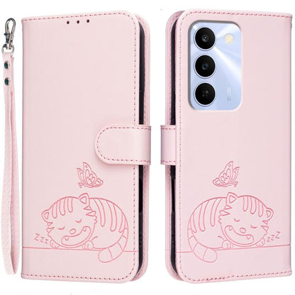 Cat Butterfly Embossed RFID Vegan Leather Phone Case with Strap, For Realme P4 Power 5G, For Realme Note 80 4G, For Realme C83 5G, For Realme Neo8 5G, For Realme 16 5G, For Realme 16 Pro+ 5G, For Realme 16 Pro 5G, For Realme GT8 Pro Global             ...