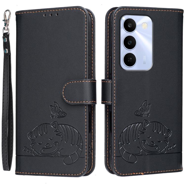 Cat Butterfly Embossed RFID Vegan Leather Phone Case with Strap, For Realme P4 Power 5G, For Realme Note 80 4G, For Realme C83 5G, For Realme Neo8 5G, For Realme 16 5G, For Realme 16 Pro+ 5G, For Realme 16 Pro 5G, For Realme GT8 Pro Global             ...