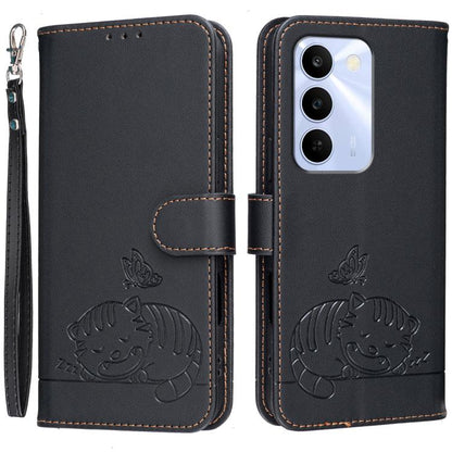 Cat Butterfly Embossed RFID Vegan Leather Phone Case with Strap, For Realme P4 Power 5G, For Realme Note 80 4G, For Realme C83 5G, For Realme Neo8 5G, For Realme 16 5G, For Realme 16 Pro+ 5G, For Realme 16 Pro 5G, For Realme GT8 Pro Global             ...