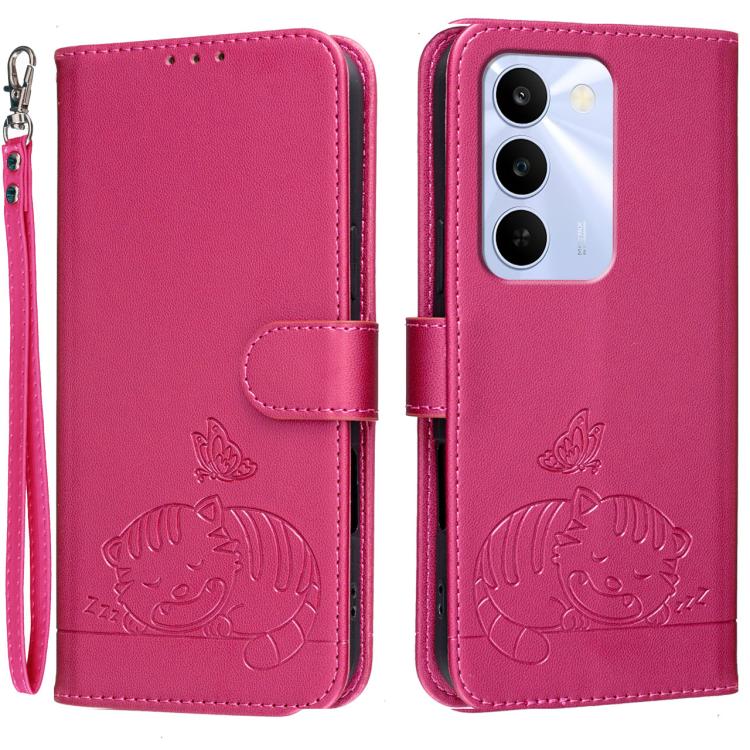 Cat Butterfly Embossed RFID Vegan Leather Phone Case with Strap, For Realme P4 Power 5G, For Realme Note 80 4G, For Realme C83 5G, For Realme Neo8 5G, For Realme 16 5G, For Realme 16 Pro+ 5G, For Realme 16 Pro 5G, For Realme GT8 Pro Global             ...