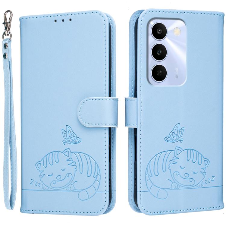 Cat Butterfly Embossed RFID Vegan Leather Phone Case with Strap, For Realme P4 Power 5G, For Realme Note 80 4G, For Realme C83 5G, For Realme Neo8 5G, For Realme 16 5G, For Realme 16 Pro+ 5G, For Realme 16 Pro 5G, For Realme GT8 Pro Global             ...