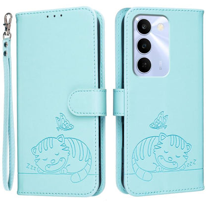 Cat Butterfly Embossed RFID Vegan Leather Phone Case with Strap, For Realme P4 Power 5G, For Realme Note 80 4G, For Realme C83 5G, For Realme Neo8 5G, For Realme 16 5G, For Realme 16 Pro+ 5G, For Realme 16 Pro 5G, For Realme GT8 Pro Global             ...