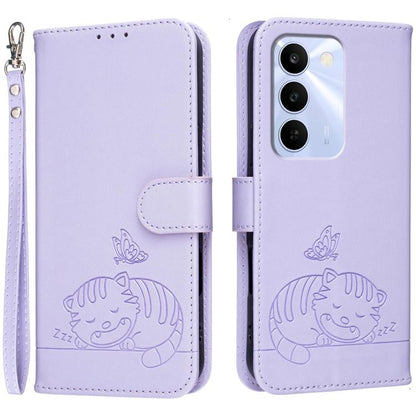 Cat Butterfly Embossed RFID Vegan Leather Phone Case with Strap, For Realme P4 Power 5G, For Realme Note 80 4G, For Realme C83 5G, For Realme Neo8 5G, For Realme 16 5G, For Realme 16 Pro+ 5G, For Realme 16 Pro 5G, For Realme GT8 Pro Global             ...