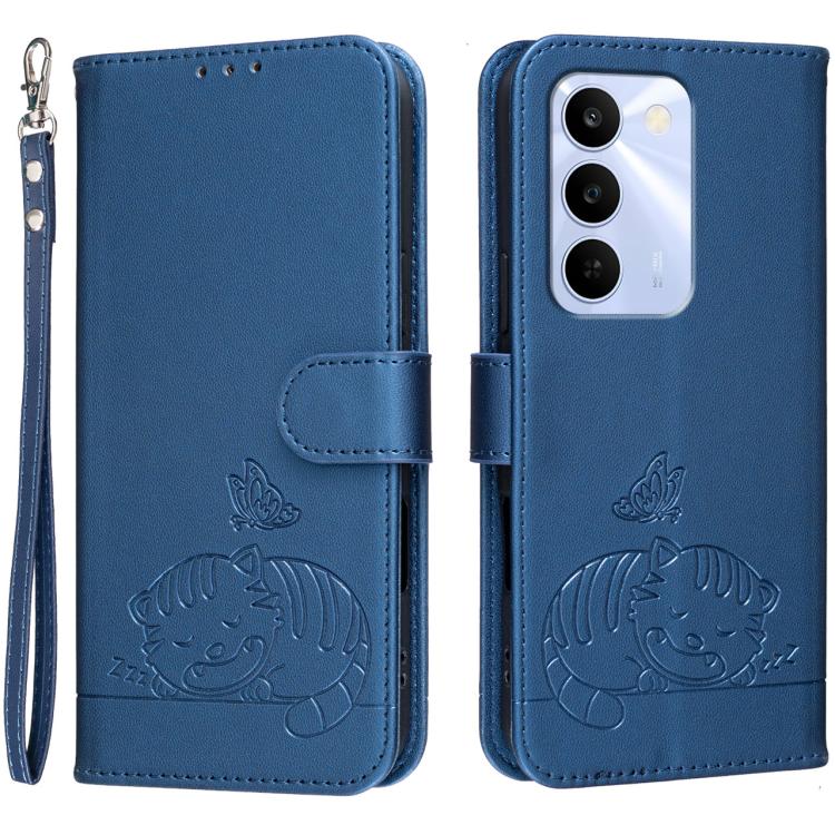 Cat Butterfly Embossed RFID Vegan Leather Phone Case with Strap, For Realme P4 Power 5G, For Realme Note 80 4G, For Realme C83 5G, For Realme Neo8 5G, For Realme 16 5G, For Realme 16 Pro+ 5G, For Realme 16 Pro 5G, For Realme GT8 Pro Global             ...