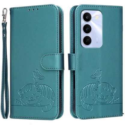 Cat Butterfly Embossed RFID Vegan Leather Phone Case with Strap, For Realme P4 Power 5G, For Realme Note 80 4G, For Realme C83 5G, For Realme Neo8 5G, For Realme 16 5G, For Realme 16 Pro+ 5G, For Realme 16 Pro 5G, For Realme GT8 Pro Global             ...