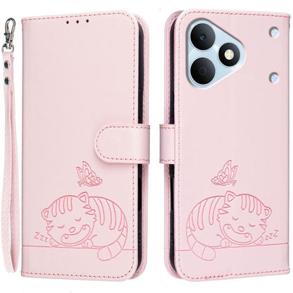 Cat Butterfly Embossed RFID Vegan Leather Phone Case with Strap, For Realme P4 Power 5G, For Realme Note 80 4G, For Realme C83 5G, For Realme Neo8 5G, For Realme 16 5G, For Realme 16 Pro+ 5G, For Realme 16 Pro 5G, For Realme GT8 Pro Global             ...