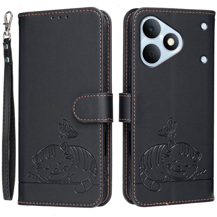 Cat Butterfly Embossed RFID Vegan Leather Phone Case with Strap, For Realme P4 Power 5G, For Realme Note 80 4G, For Realme C83 5G, For Realme Neo8 5G, For Realme 16 5G, For Realme 16 Pro+ 5G, For Realme 16 Pro 5G, For Realme GT8 Pro Global             ...