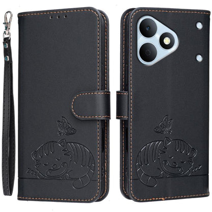 Cat Butterfly Embossed RFID Vegan Leather Phone Case with Strap, For Realme P4 Power 5G, For Realme Note 80 4G, For Realme C83 5G, For Realme Neo8 5G, For Realme 16 5G, For Realme 16 Pro+ 5G, For Realme 16 Pro 5G, For Realme GT8 Pro Global             ...