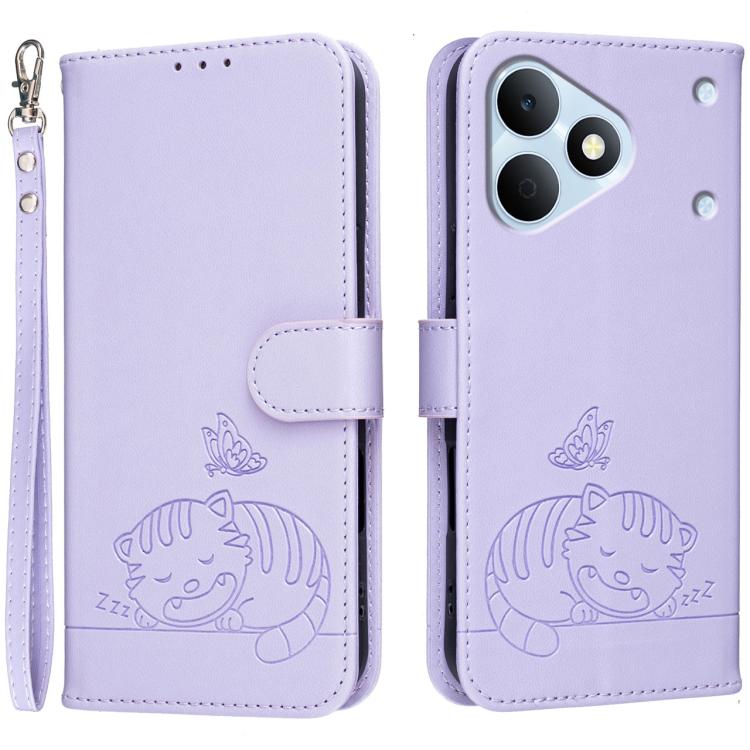 Cat Butterfly Embossed RFID Vegan Leather Phone Case with Strap, For Realme P4 Power 5G, For Realme Note 80 4G, For Realme C83 5G, For Realme Neo8 5G, For Realme 16 5G, For Realme 16 Pro+ 5G, For Realme 16 Pro 5G, For Realme GT8 Pro Global             ...