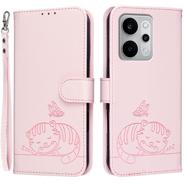 Cat Butterfly Embossed RFID Vegan Leather Phone Case with Strap, For Realme P4 Power 5G, For Realme Note 80 4G, For Realme C83 5G, For Realme Neo8 5G, For Realme 16 5G, For Realme 16 Pro+ 5G, For Realme 16 Pro 5G, For Realme GT8 Pro Global             ...
