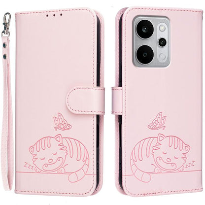 Cat Butterfly Embossed RFID Vegan Leather Phone Case with Strap, For Realme P4 Power 5G, For Realme Note 80 4G, For Realme C83 5G, For Realme Neo8 5G, For Realme 16 5G, For Realme 16 Pro+ 5G, For Realme 16 Pro 5G, For Realme GT8 Pro Global             ...