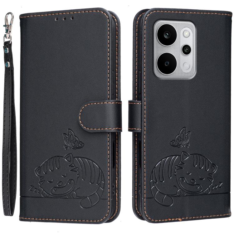 Cat Butterfly Embossed RFID Vegan Leather Phone Case with Strap, For Realme P4 Power 5G, For Realme Note 80 4G, For Realme C83 5G, For Realme Neo8 5G, For Realme 16 5G, For Realme 16 Pro+ 5G, For Realme 16 Pro 5G, For Realme GT8 Pro Global             ...