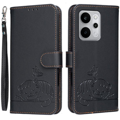 Cat Butterfly Embossed RFID Vegan Leather Phone Case with Strap, For Realme P4 Power 5G, For Realme Note 80 4G, For Realme C83 5G, For Realme Neo8 5G, For Realme 16 5G, For Realme 16 Pro+ 5G, For Realme 16 Pro 5G, For Realme GT8 Pro Global             ...