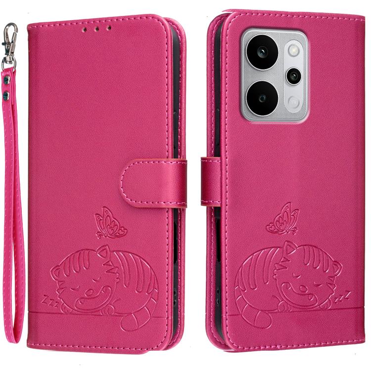 Cat Butterfly Embossed RFID Vegan Leather Phone Case with Strap, For Realme P4 Power 5G, For Realme Note 80 4G, For Realme C83 5G, For Realme Neo8 5G, For Realme 16 5G, For Realme 16 Pro+ 5G, For Realme 16 Pro 5G, For Realme GT8 Pro Global             ...