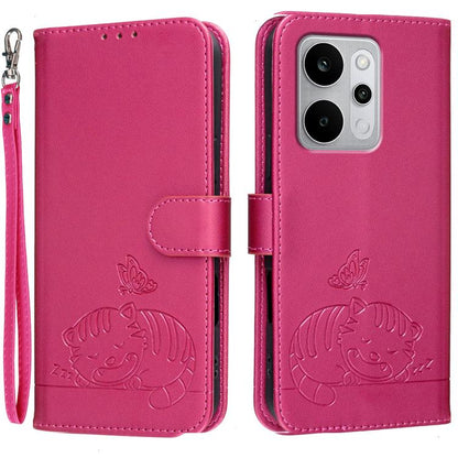 Cat Butterfly Embossed RFID Vegan Leather Phone Case with Strap, For Realme P4 Power 5G, For Realme Note 80 4G, For Realme C83 5G, For Realme Neo8 5G, For Realme 16 5G, For Realme 16 Pro+ 5G, For Realme 16 Pro 5G, For Realme GT8 Pro Global             ...