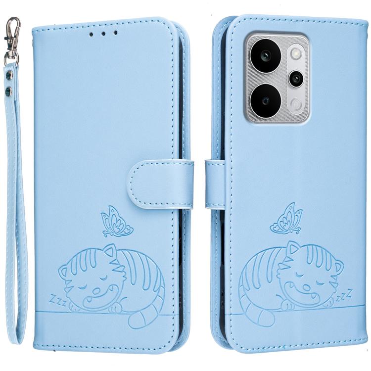 Cat Butterfly Embossed RFID Vegan Leather Phone Case with Strap, For Realme P4 Power 5G, For Realme Note 80 4G, For Realme C83 5G, For Realme Neo8 5G, For Realme 16 5G, For Realme 16 Pro+ 5G, For Realme 16 Pro 5G, For Realme GT8 Pro Global             ...