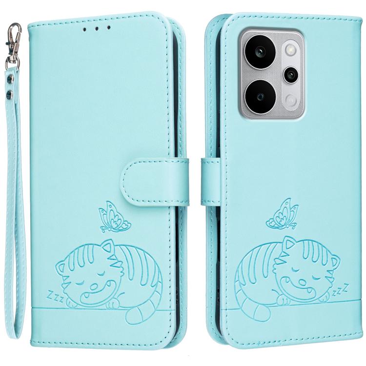 Cat Butterfly Embossed RFID Vegan Leather Phone Case with Strap, For Realme P4 Power 5G, For Realme Note 80 4G, For Realme C83 5G, For Realme Neo8 5G, For Realme 16 5G, For Realme 16 Pro+ 5G, For Realme 16 Pro 5G, For Realme GT8 Pro Global             ...